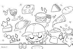 bad_tag bun burger cake cake_slice candy child cookie doseisan food fork french_fries hat hungry iced_tea imagining juice knife kzghk23 mother_(series) mother_2 ness_(mother_2) nintendo opipio_m pizza pizza_slice pudding sandwich shirt shota sitting steak strawberry_shortcake striped_clothes striped_shirt super_smash_bros tongue tongue_out