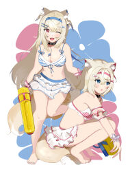 2girls absurdres alternate_costume animal_ear_fluff animal_ears bandaid bandaid_hair_ornament bare_shoulders bikini bikini_skirt blonde_hair blue_bikini blue_eyes blue_hair blue_nails bluesandesei breasts cleavage collarbone dog_ears dog_girl dog_tail frilled_bikini frilled_bikini_top frills fuwawa_abyssgard hair_ornament hairclip highres holding holding_water_gun hololive hololive_english horn_hairband large_breasts long_hair looking_at_viewer medium_breasts mococo_abyssgard multiple_girls nail_polish navel parallel_hairclips pink_bikini pink_eyes pink_hair pink_nails pink_wrist_cuffs short_hair siblings simple_background sisters squatting stomach striped_bikini striped_clothes swimsuit tail toenail_polish toenails twins water_gun white_background wrist_cuffs x_hair_ornament