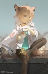 1girl absurdres ahoge animal_ears arknights black_pantyhose blue_eyes blue_vest closed_mouth cup extra_ears figure_four_sitting food foot_out_of_frame fox_ears fox_girl fox_tail gift_art glass gloves highres holding holding_cup hood hooded_jacket infection_monitor_(arknights) jacket neko_blow no_shoes pantyhose pink_hair short_hair sitting solo sussurro_(arknights) tail thigh_strap toes vest white_gloves white_jacket