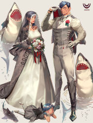 1boy 2girls absurdres blue_hair bouquet child dress earrings facial_hair family father_and_daughter flower formal_clothes gloves great_white_shark grey_jacket hair_ornament hands_on_own_face head_wreath highres holding holding_bouquet holding_jacket holding_unworn_clothes jacket jewelry lipstick long_hair long_sleeves looking_at_viewer lying makeup mature_female mature_male mother_and_daughter multiple_girls muscular muscular_male necklace necktie original pants pink_eyes purple_flower purple_rose red_lips robe rose scar scar_across_eye scar_on_face shark short_hair smile suit tattoo ueno_kishi unworn_jacket veil watch wedding wedding_dress white_background white_flower white_footwear white_gloves white_necktie white_pants white_robe white_rose white_suit wristwatch