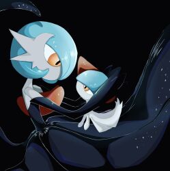 Rule 34 | alternate color, black background, black dress, black gloves, bob cut, bowl cut, colored skin, dress, elbow gloves, from side, gardevoir, gen 3 pokemon, gloves, highres, horns, ktbr 2, mega gardevoir, mega pokemon, nintendo, orange eyes, pokemon, pokemon (creature), ralts, shiny pokemon, simple background, strapless, strapless dress, white skin