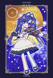 Rule 34 | 1girl, apron, black border, black dress, black hairband, black shoes, blonde hair, blue eyes, blue hair, border, bow (music), colored inner hair, copyright name, dress, full body, hair intakes, hair ornament, hairband, holding, holding bow (music), holding instrument, holding violin, instrument, juliet sleeves, long hair, long sleeves, looking at viewer, mary janes, multicolored hair, music, outside border, pantyhose, playing instrument, puffy sleeves, reverse:1999, school uniform, shoes, short dress, smile, solo, soviet school uniform, sparkle, star (sky), star (symbol), star hair ornament, starry sky background, tokago 10, very long hair, violin, voyager (reverse:1999), voyager golden record, white apron, white pantyhose