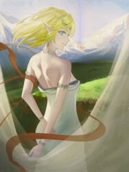 1girl aqua_eyes armlet arms_behind_back artist_request back bare_arms bare_shoulders blonde_hair bracelet breasts clenched_hand collar dress earrings eyelashes facepaint female_focus floating_hair from_behind highres jewelry light_smile looking_at_viewer looking_back medium_breasts medium_hair mountainous_horizon nature neck nintendo no_bra official_alternate_costume official_alternate_hair_length official_alternate_hairstyle outdoors pendant pointy_ears princess_zelda shoulder_blades sidelocks sky standing strapless strapless_dress the_legend_of_zelda the_legend_of_zelda:_tears_of_the_kingdom tiara tight_clothes tight_dress turning_head white_dress