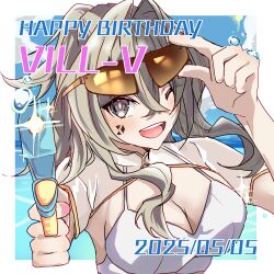 1girl ;o absurdres adjusting_eyewear bikini blue_sky border breasts brown_hair character_name cleavage commentary_request dated h3_hk hair_intakes happy_birthday highres holding holding_water_gun honkai_(series) honkai_impact_3rd large_breasts looking_at_viewer medium_hair ocean official_alternate_costume one_eye_closed open_mouth sky solo sunglasses swimsuit teeth upper_body upper_teeth_only vill-v water_gun white_bikini white_border