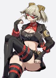 1girl absurdres black_boots black_jacket black_skirt black_tube_top blonde_hair boots breasts burnice_white commentary commission cropped_jacket crossed_legs english_commentary flame_print glasses highres invisible_chair jacket large_breasts linea_alba looking_at_viewer midriff navel one_eye_closed open_clothes open_jacket orange_eyes red-tinted_eyewear shiraitoart983 simple_background sitting skirt solo strapless thigh_boots tinted_eyewear tube_top twintails white_background zenless_zone_zero