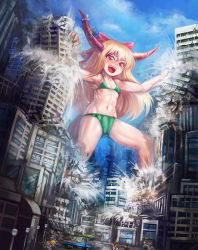 1girl bikini blonde_hair bow city cookie_(touhou) destruction flatbed_truck food_print fruit_print giant giantess gyakutai_ojisan hair_bow hide_(acceed) horns ibuki_suika long_hair manatsu_no_yo_no_inmu miura_daisenpai motor_vehicle muscular muscular_child open_mouth red_eyes ribbon rumia size_difference swimsuit toono_(coat) touhou truck watermelon_print yajuu_senpai yilx