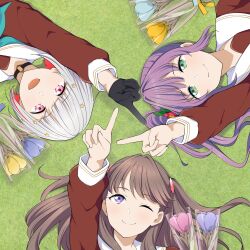 3girls :d ;) aqua_neckerchief arm_up barkhorn0331 black_choker black_gloves blue_flower bob_cut brown_dress brown_hair choker circle_formation closed_mouth colored_inner_hair commentary_request diagonal_bangs dress flower fujishima_megumi gloves grass green_eyes grey_hair hair_bun hair_flower hair_intakes hair_ornament half_gloves hasu_no_sora_school_uniform highres inverted_bob link!_like!_love_live! long_hair long_sleeves love_live! lying multicolored_hair multiple_girls neckerchief o-ring o-ring_choker on_back one_eye_closed open_mouth otomune_kozue pink_flower purple_eyes purple_flower red_flower red_hair sailor_collar sailor_dress school_uniform short_hair side_ponytail sidelocks single_side_bun smile split_mouth star_(symbol) star_hair_ornament streaked_hair tassel tassel_hair_ornament triangle_hands triangle_hands_trio tulip two_side_up virtual_graduation_commemoration virtual_youtuber white_sailor_collar winter_uniform yellow_flower yugiri_tsuzuri