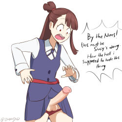 1futa brown_hair diooksan erection futanari kagari_atsuko little_witch_academia luna_nova_school_uniform medium_penis panties penis penis_growth red_panties solo surprised testicles uncensored underwear