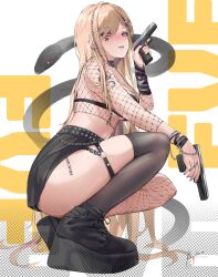 1girl absurdres arm_ribbon arm_warmers barcode barcode_tattoo belt black_belt black_bra black_choker black_skirt black_thighhighs blonde_hair blush boots bra braid breasts chain chain_around_arm choker commentary dual_wielding earrings english_commentary eve_(keyokku) fishnet_top fishnets glock gun hair_ornament handgun highres holding holding_gun holding_weapon jewelry keyokku like_and_retweet long_hair nail_polish original photo-referenced pink_eyes platform_boots ribbon side_braid single_arm_warmer single_fishnet_legwear skirt snake squatting studded_belt tattoo thigh_strap thighhighs trigger_discipline underwear v very_long_hair weapon white_background x_hair_ornament