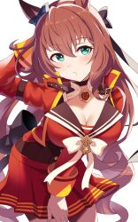 1girl absurdres animal_ears back_bow bow breasts brown_hair brown_sailor_collar brown_tail cleavage commentary_request cowboy_shot cropped_jacket ear_bow hair_between_eyes hair_bow highres horse_ears horse_girl horse_tail jacket long_sleeves looking_at_viewer maruzensky_(umamusume) miniskirt pendant_choker pleated_skirt purple_bow red_jacket red_shirt red_skirt ribbon sailor_collar shirt sidelocks skirt solo tail tawashi_hechima thigh_strap umamusume white_background white_ribbon