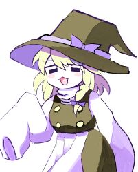 1girl apron black_eyes black_hat black_skirt black_vest blonde_hair blush_stickers bow braid buttons commentary cookie_(touhou) cowboy_shot hair_bow hat hat_bow highres kirisame_marisa long_sleeves looking_at_viewer medium_hair open_mouth pro55h purple_bow shirt side_braid simple_background single_braid skirt skirt_set sleeves_past_fingers sleeves_past_wrists solo touhou turtleneck turtleneck_shirt vest waist_apron white_apron white_background white_shirt witch_hat yuuhi_(cookie)