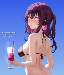 1girl absurdres bikini black_bikini blush breasts commission cup drink drinking_straw eyewear_on_head glasses highres holding holding_cup honkai:_star_rail honkai_(series) kafka_(honkai:_star_rail) median_furrow nau_aru purple_eyes purple_hair shoulder_blades sky solo spider_web_print swimsuit upper_body