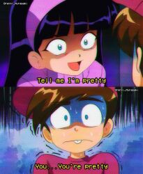 1990s_(style) animification aqua_eyes black_hair blue_eyes brenni_murasaki brown_hair buck_teeth child clip_studio_paint_(medium) constricted_pupils empty_eyes english_text hat headband highres long_hair nervous_sweating pink_hat pink_shirt purple_headband purple_sweater retro_artstyle scared shaded_face shaking shirt sweat sweater teeth the_fairly_oddparents timmy_turner trixie_tang twitter_username