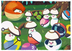 Rule 34 | &gt; &lt;, ^ ^, absurdres, border, closed eyes, dusk ball, foongus, gen 5 pokemon, grass, great ball, highres, hisuian voltorb, in poke ball, love ball, master ball, nest ball, nintendo, open poke ball, outdoors, poipoisonous, poke ball, poke ball (basic), pokemon, pokemon (creature), quick ball, tree, ultra ball, white border