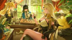 3girls animal_ear_fluff animal_ears asymmetrical_gloves black_gloves black_hair black_thighhighs blonde_hair board_game breasts chessboard cleavage closed_mouth commentary crossed_legs cup curtains daniel_deng elbow_gloves english_commentary fingerless_gloves fox_ears fox_girl gloves go_(board_game) green_eyes grey_hair highres holding holding_cup holding_go_stone holding_teapot hoshimi_miyabi indoors japanese_clothes ju_fufu large_breasts long_hair looking_at_viewer multiple_girls necktie pan_yinhu plant potted_plant red_eyes single_thighhigh sitting smile teacup teapot thighhighs tiger_ears tiger_girl uneven_gloves yi_xuan_(zenless_zone_zero) zenless_zone_zero