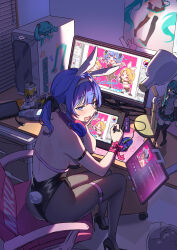 1girl absurdres animal_ears aqua_eyes aqua_hair arm_strap black_leotard computer computer_keyboard desk drawing_tablet fake_animal_ears figure hair_ornament hatsune_miku highres holding holding_stylus holding_tablet_pc indoors kagamine_len kagamine_rin lamp leotard linsuan_er_qing_an long_hair monitor nintendo_switch pink_pupils playboy_bunny poster_(object) rabbit_hole_(vocaloid) sitting solo stylus swivel_chair tablet_pc thigh_strap twintails vocaloid window_blinds x_hair_ornament