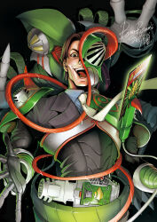 1boy armor bawang-ryuuzaki biogreeza card claws contract_monster dark_background formal_clothes green_armor kamen_rider kamen_rider_ryuki_(series) kamen_rider_verde lizard looking_at_viewer male_focus monster necktie suit takamizawa_itsurou tokusatsu tongue tongue_out upper_body v_buckle white_necktie