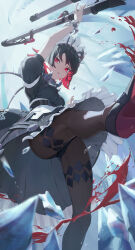Rule 34 | 1girl, absurdres, black dress, black hair, black panties, breasts, brown pantyhose, colored inner hair, dress, ellen joe, fins, fish tail, highres, holding, holding weapon, kicking, large breasts, looking at viewer, maid, maid headdress, mole, mole under eye, multicolored hair, odd (hin yari), panties, pantyhose, parted lips, red eyes, red hair, shark girl, shark tail, shoes, short hair, short sleeves, solo, tail, underwear, weapon, zenless zone zero