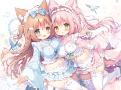 2girls animal_ear_fluff animal_ears apron bird black_sandals blue_bow blue_eyes blue_kimono blue_skirt bow bow_legwear breasts brown_hair commentary_request dango_hair_ornament food-themed_hair_ornament fox_ears fox_girl fox_tail frilled_apron frilled_skirt frilled_sleeves frilled_thighhighs frills green_eyes hair_bow hair_bun hair_ornament hair_petal hair_ribbon heterochromia japanese_clothes kimono komako_(momozu_komamochi) large_breasts leg_up long_hair long_sleeves maid maid_headdress microphone microskirt mochiko_(momozu_komamochi) momozu_komamochi multiple_girls original pink_hair pink_kimono pink_skirt ribbon sandals skirt tail thighhighs twintails two_side_up very_long_hair wa_maid waist_apron white_apron white_ribbon white_thighhighs wide_sleeves wing_hair_ornament yellow_eyes yellow_ribbon