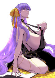 1girl absurdres bare_shoulders bb_(fate) bb_dubai_(fate) belly_chain black_dress bracelet braid braided_hair_rings breasts center_opening cleavage clothes_pull dress fate/grand_order fate_(series) grin hair_ribbon hair_rings highres huge_breasts jewelry long_hair looking_at_viewer necklace purple_eyes purple_hair ribbon side_slit sideboob sitting smile solo thighs twin_braids very_long_hair yellow_ribbon zakio