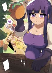 3girls absurdres apple black_footwear black_gloves blush boots braid breasts brown_footwear brown_gloves brown_overalls cleavage climbing collarbone corn corny_(tony_welt) eating elf farmer fern_(sousou_no_frieren) food food-themed_clothes frieren fruit gloves green_eyes hat heart highres ladder large_breasts long_hair long_sleeves multiple_girls orange_(fruit) original overalls personification picking_fruit pointy_ears purple_eyes purple_hair purple_overalls red_hair shirt short_sleeves smile sousou_no_frieren sparkle speech_bubble spoken_heart standing tony_welt tree twin_braids white_hair white_shirt yellow_hat yellow_overalls