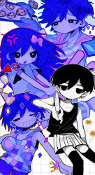 &gt;_o 1girl 3boys airhorn anger_vein angry antenna_hair apron arm_at_side aubrey_(headspace)_(omori) aubrey_(omori) ball bare_arms bare_shoulders barefoot baseball_bat beachball black_eyes black_hair black_socks black_tank_top blue_hair blue_outline blue_shirt blue_shorts bright_pupils brothers checkered_clothes closed_mouth collarbone colored_skin commentary_request confetti cookie cowboy_shot empty_eyes expressionless feet_out_of_frame fireworks flower food frilled_apron frills grey_outline grid_background grin hair_behind_ear hair_between_eyes half-closed_eyes hat hero_(headspace)_(omori) hero_(omori) highres holding holding_baseball_bat holding_fireworks holding_knife holding_tray jitome kel_(headspace)_(omori) kel_(omori) knife kobanzame_omo long_hair looking_at_food looking_at_viewer mittens multiple_boys no_pupils omori omori_(omori) one_eye_closed open_mouth outline over-kneehighs pajamas party_hat pink_apron red_outline sad shirt short_sleeves shorts siblings simple_background single_tear smile socks sparkler striped_clothes striped_pajamas striped_shorts tank_top thighhighs toenails tray v-shaped_eyebrows vertical-striped_clothes vertical-striped_pajamas vertical-striped_shorts white_background white_pupils white_shorts white_skin yellow_flower yellow_outline