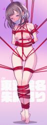 1girl arms_behind_back breasts brown_hair censored completely_nude full_body gag improvised_gag navel nipples nude orange_eyes pointless_censoring project_sekai remote_control_vibrator rope shinonome_ena short_hair small_breasts standing thigh_gap tiptoes trembling vibrator zero_hime