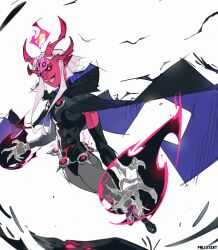 1girl absurdres bird black_boots black_gloves black_leotard boots cloak colored_skin demon demon_girl demon_horns elbow_gloves extra_eyes fingernails floating forehead_jewel four_eyes full_body gem_belt gloves highleg highleg_leotard highres hood hooded_cloak horns jewelry leotard long_fingernails magic polluxery raven_(dc) red_skin sharp_teeth short_hair simple_background smile solo superhero_costume teeth white_background white_hair
