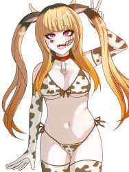 alternate_hair_color amemiya_darumi animal_ears animal_print bikini black_hair blonde_hair collarbone cow_ears cow_horns cow_print cow_print_bikini cow_print_gloves cow_print_thighhighs cowkini eyelashes eyeliner eyeshadow face_piercing gloves hand_up heart horns lip_piercing long_hair makeup multicolored_hair navel navel_piercing open_mouth pale_skin piercing pink_eyes print_bikini print_gloves print_thighhighs runny_makeup safety_pin swimsuit tan teeth the_hundred_line_-last_defense_academy- thighhighs tongue twintails upper_teeth_only v