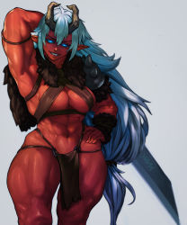 abs armor black_sclera blue_eyes breasts colored_sclera colored_skin glowing glowing_eyes highres horns leather_armor loincloth monster_girl muscular muscular_female oni red_skin revealing_clothes sword tagme thick_thighs thighs warrior weapon white_hair yoso901