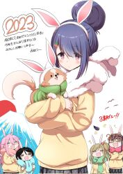 2023 5girls :d =_= animal animal_ears bird black_hair blue_hair blue_scarf blunt_bangs blush brown_eyes carrot_hair_ornament chihuahua chikuwa_(yurucamp) chinese_zodiac commentary crossed_arms dog eggplant fake_animal_ears fang food-themed_hair_ornament glasses grey_skirt hair_bobbles hair_bun hair_ornament hairclip happy_new_year hatsuyume highres holding holding_animal inuyama_aoi kagamihara_nadeshiko kotoyoro light_frown long_hair long_sleeves medium_hair motosu_school_uniform mount_fuji multiple_girls n2midori new_year one_side_up oogaki_chiaki open_mouth orange-framed_eyewear pink_hair pink_scarf plaid_clothes plaid_skirt pleated_skirt purple_eyes rabbit_ears saitou_ena scarf school_uniform shima_rin short_hair sidelocks skin_fang skirt smile sparkle sweater swept_bangs translated white_background year_of_the_rabbit yellow_sweater yurucamp