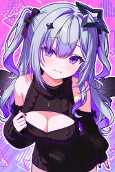 1girl amane_konata angel angel_wings black_nails black_ribbon black_sweater breasts cleavage_cutout closed_mouth clothing_cutout commentary diamond_hair_ornament finn_flint hair_ribbon halo highres hololive large_breasts looking_at_viewer meme_attire nail_polish purple_eyes ribbon smile solo star_halo sweater symbol-only_commentary turtleneck turtleneck_sweater virgin_killer_sweater virtual_youtuber wings