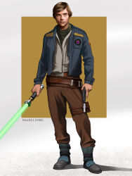 Rule 34 | 1boy, absurdres, artist name, belt, blonde hair, blue eyes, blue jacket, boots, brown belt, brown pants, energy sword, full body, green lightsaber, grey shirt, gun, highres, holding, holding gun, holding sword, holding weapon, iisabelinski, jacket, lightsaber, luke skywalker, open clothes, open jacket, pants, shirt, short hair, solo, standing, star wars, sword, weapon