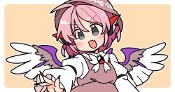 1girl :d animal_ears bird_ears bird_girl bird_wings blush border bow bowtie brown_dress brown_hat collared_shirt commentary dress earrings fang fingernails grey_eyes hat ini_(inunabe00) jewelry long_fingernails long_sleeves mystia_lorelei open_mouth outline outside_border pink_hair shirt short_hair simple_background single_earring skin_fang sleeve_garter smile solo touhou upper_body v-shaped_eyebrows white_border white_bow white_bowtie white_outline white_shirt wings yellow_background