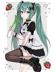 1girl alternate_costume apron aqua_eyes aqua_hair black_bow black_bowtie black_dress black_nails black_thighhighs bow bowtie choker closed_mouth dress enmaided fake_horns food fruit hair_bow hatsune_miku heart highres holding holding_food holding_spring_onion holding_vegetable horns leg_up long_hair looking_at_viewer maid maid_apron maid_day maid_headdress mismatched_thighhighs nail_polish short_dress short_sleeves solo spring_onion standing standing_on_one_leg strawberry thighhighs twintails vegetable very_long_hair vickie_(cryingrobot) vocaloid white_thighhighs