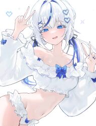 Rule 34 | 1girl, @ @, aokumo rin, bare shoulders, blue bow, blue eyes, blue nails, blue streaks, bow, breasts, cleavage, collarbone, colored inner hair, commentary, crop top, double v, english commentary, frilled panties, frilled shirt, frills, gurami (zangizarang), hair ornament, hands up, heart, heart hair ornament, highres, long hair, long sleeves, low twintails, medium breasts, multicolored hair, nail polish, navel, off-shoulder shirt, off shoulder, open mouth, panties, pixel heart, shirt, shirt bow, simple background, smile, standing, stellive, stomach, streaked hair, sweat, thighs, twintails, underwear, v, very long hair, virtual youtuber, white background, white hair, white panties, white shirt, x hair ornament