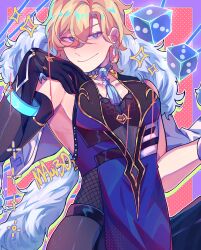 1boy absurdres asymmetrical_gloves aventurine_(honkai:_star_rail) bead_choker blonde_hair blue_eyes cape coat cosplay crossdressing dice earrings elbow_gloves feather-trimmed_jacket fishnets fur-trimmed_jacket fur_(clothing) fur_scarf fur_trim genshin_impact gloves halftone halftone_background highres honkai:_star_rail honkai_(series) jacket jacket_on_shoulders jacket_over_shoulder jewelry looking_at_viewer male_focus mauv30 mihoyo mismatched_gloves multicolored_eyes neck_tassel pectorals single_elbow_glove smile solo tassel tassel_choker thighhighs two-tone_eyes unworn_coat unworn_jacket yelan_(genshin_impact) yelan_(genshin_impact)_(cosplay)