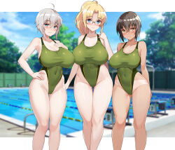 3girls ahoge black-framed_eyewear black_hair blonde_hair blue_eyes blue_sky blush breasts brown_eyes cloud commentary_request competition_swimsuit covered_navel day glasses green_one-piece_swimsuit grey_hair highleg highleg_one-piece_swimsuit knees large_breasts looking_at_viewer multiple_girls nakamura_yukitoshi one-piece_swimsuit original outdoors over-rim_eyewear ponytail pool semi-rimless_eyewear short_hair sky standing swimsuit thick_thighs thighs variant_set