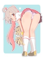 1girl :d ahoge alternate_costume ass bare_legs bent_over blue_background blush border breasts brown_eyes cheerleader colored_inner_hair commentary from_behind full_body grey_hair hair_between_eyes heart highres kneepits large_breasts legs long_hair looking_at_viewer miniskirt multicolored_hair onii-chan_wa_oshimai! open_mouth outline outside_border oyama_mahiro panties pantyshot pink_hair pink_panties pleated_skirt pom_pom_(cheerleading) red_skirt shirt shoes short_sleeves simple_background skirt smile socks solo thighs two-tone_hair underwear unkimo white_border white_outline white_shirt white_socks wristband yellow_shoes