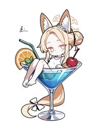Rule 34 | 1girl, alternate costume, alternate hairstyle, animal ear fluff, animal ears, bare legs, bare shoulders, barefoot, blue archive, blush, bow, breasts, bright pupils, cherry, chibi, chibi only, closed mouth, cocktail, cocktail glass, commentary request, cup, drinking glass, drinking straw, extra ears, flower wreath, food, forehead, fox ears, fox girl, fox tail, fruit, full body, hair bow, hair bun, halo, head wreath, highres, legs together, light frown, long hair, looking at viewer, multicolored eyes, one-piece swimsuit, orange (fruit), orange slice, parted bangs, pink eyes, rin (rin0214tw), school swimsuit, seia (blue archive), sidelocks, signature, simple background, single hair bun, small breasts, solo, swimsuit, tail, tail bow, tail ornament, two-tone eyes, white background, white bow, white one-piece swimsuit, white pupils, yellow eyes, yellow halo