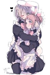 2girls amane_(7783) animal_ears apron black_dress black_skirt black_thighhighs bow bowtie character_request commentary_request dated dress flying_sweatdrops garter_straps grey_hair hair_bow hand_on_another&#039;s_head heart highres hug idolmaster idolmaster_cinderella_girls kissing_head long_sleeves maid maid_apron maid_headdress multiple_girls one_eye_closed pink_bow pink_bowtie pleated_skirt rabbit_ears skirt thighhighs yuri