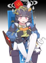 1girl absurdres black_gloves black_hair blush burger cup disposable_cup drink drinking_straw eating fast_food food food_on_face french_fries gloves green_neckerchief highres holding holding_food in_container in_trash_can ketchup leaf leaf_on_head long_hair mcdonald&#039;s miyu_(blue_archive) neckerchief open_mouth pantyhose recycle_bin red_eyes rlqns9995 sesame_seeds solo tearing_up trash_can tray white_pantyhose wrapper