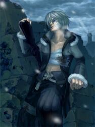 1boy bandaged_chest bandages black_coat black_pants blue_eyes coat commentary_request feet_out_of_frame fur-trimmed_sleeves fur_trim gauze gauze_on_cheek grey_hair grey_sky gun gunslinger_(ragnarok_online) hachi_(kuro8383) holding holding_gun holding_weapon long_sleeves looking_afar male_focus open_mouth outdoors overcast pants ragnarok_online ruins short_hair sky snowing solo weapon