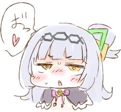 1girl blunt_bangs blush blush_stickers bright_pupils capelet chibi commentary_request hair_bun half-closed_eyes head heart heart-shaped_pupils hololive long_hair looking_at_viewer murasaki_shion murasaki_shion_(1st_costume) nekoyama nose_blush open_mouth short_eyebrows silver_hair simple_background single_side_bun sketch solo speech_bubble split_mouth sweat symbol-shaped_pupils teeth translation_request upper_teeth_only v-shaped_eyebrows virtual_youtuber white_background white_pupils yellow_eyes