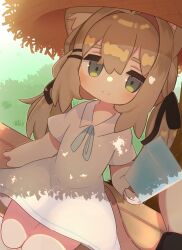 1girl 1other absurdres animal_ear_fluff animal_ears anmitsu46 bench black_ribbon blue_ribbon blush bow brown_hair cat_ears cat_girl cat_tail closed_mouth collared_dress dappled_sunlight day dress food grass green_eyes hair_between_eyes hair_intakes hair_ornament hair_ribbon hairclip hat highres holding holding_food holding_popsicle kipfel_(vrchat) long_hair looking_at_viewer low_twintails neck_ribbon on_bench outdoors park_bench popsicle pov ribbon shade short_sleeves sitting smile solo solo_focus straw_hat sun_hat sunlight tail tree twintails vrchat white_dress