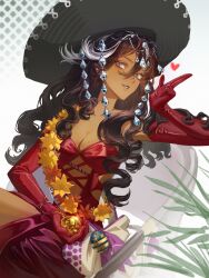 Rule 34 | 1girl, absurdres, black hair, black hat, breasts, centurion (reverse:1999), centurion (the universal star) (reverse:1999), chair, cleavage, clothing cutout, cowboy shot, curly hair, dark-skinned female, dark skin, diamond (gemstone), dress, elbow gloves, finger gun, flower, flower wreath, gem hair ornament, gloves, gradient background, grey background, grin, hand up, hat, heart, highres, holding, holding pocket watch, jiusheng (huaichuan), long hair, looking at viewer, medium breasts, multicolored hair, official alternate costume, on chair, plant, pocket watch, red dress, red gloves, reverse:1999, sitting, smile, solo, sombrero, stomach cutout, strapless, strapless dress, streaked hair, watch, white background, white hair, yellow flower