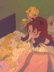 Rule 34 | 2girls, bare shoulders, bed frame, black ribbon, black shirt, blonde hair, blue shorts, blush, bouquet, bracelet, cellphone, crop top, cup, denim, denim shorts, flower, flower bracelet, hair ribbon, hand on another&#039;s forehead, hand on own cheek, hand on own face, highres, jewelry, kiss, kissing hand, kneeling, long hair, long sleeves, mahou shoujo madoka magica, midriff, multiple girls, parted bangs, phone, ponytail, red eyes, red hair, ribbon, sakura kyoko, she li (lynxm), shirt, shorts, sleeveless, sleeveless shirt, tomoe mami, under covers, white shirt, yellow eyes