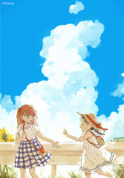 2girls :o aged_down artist_name bag cloud flower hat highres kakmxxxny06 kono_koi_wo_hoshi_ni_wa_negawanai kousaka_fuyuki multiple_girls running second-party_source shirai_eri skirt sky smile sunflower traffic_barrier