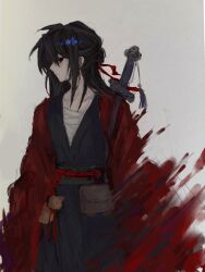 Rule 34 | 1boy, absurdres, bandaged chest, bandages, black hair, black hanfu, chinese clothes, chinese commentary, closed mouth, coat, collarbone, dao gui yi xian, gourd, grey background, hair between eyes, hair bun, hair ribbon, half updo, hanfu, highres, li huowang, long hair, looking at viewer, male focus, open clothes, open coat, profile, red coat, red eyes, red ribbon, ribbon, robe, sash, sheath, sheathed, sideways glance, simple background, single hair bun, sketch, solo, sword, sword on back, sword tassel, tassel, torn clothes, waist bag, weapon, weapon on back, yizhikafei