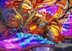 antennae arm_blade bioluminescence blue_eyes claws compound_eyes crossover daiei_film flying gamera_(series) gamera_3:_revenge_of_iris giant giant_monster glowing glowing_eyes glowing_wings godzilla:_king_of_the_monsters godzilla_(series) highres iris_(gamera) kaiju legendary_pictures membrane monster monsterverse mothra muscular night no_humans no_pupils tentacles toho wabisabiyki weapon wings yellow_eyes